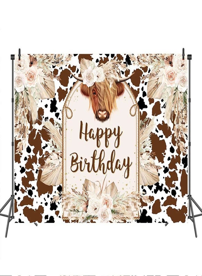 Mocsicka Cows Happy Birthday Backdrop Brown Highland Cattle Pampas Grass Photography Background Vinyl Boho Farm Cow Birthday Party Decorations Cake Table Photo Booth Props (7x5ft) - Image 4