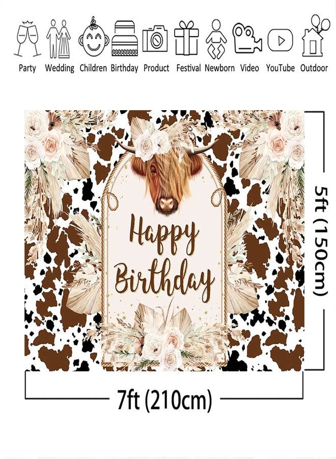 Mocsicka Cows Happy Birthday Backdrop Brown Highland Cattle Pampas Grass Photography Background Vinyl Boho Farm Cow Birthday Party Decorations Cake Table Photo Booth Props (7x5ft) - Image 5