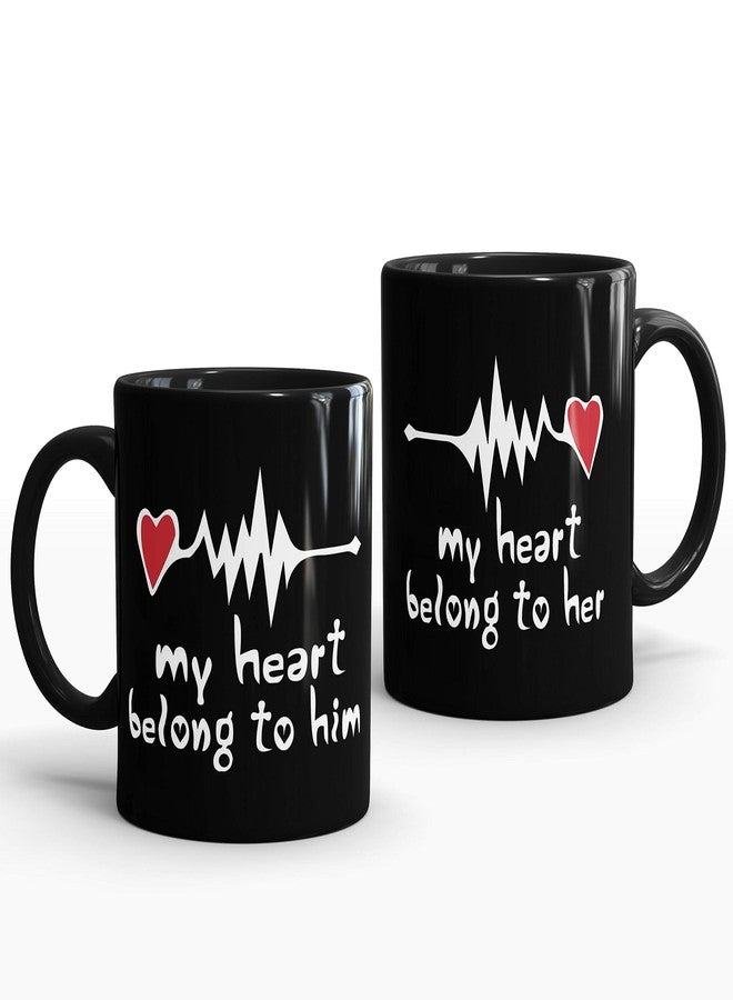 Gift Arcadia Ceramic Heart Belongs to Her & Him Coffee Mug - 2 Pieces, Black, 330ml (A085) - Image 1
