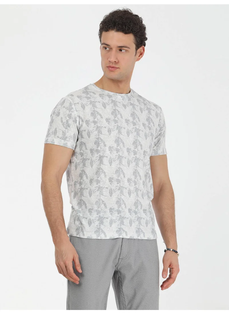 Kip Beige Printed Crew Neck Cotton Blend T-Shirt