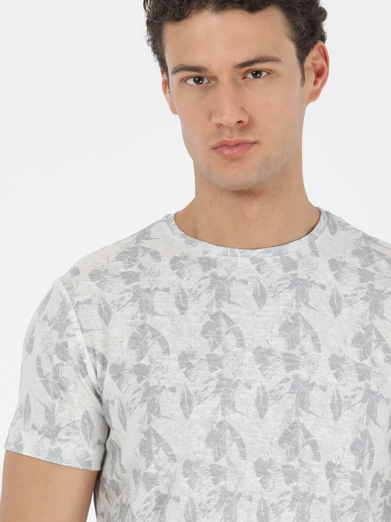 Kip Beige Printed Crew Neck Cotton Blend T-Shirt