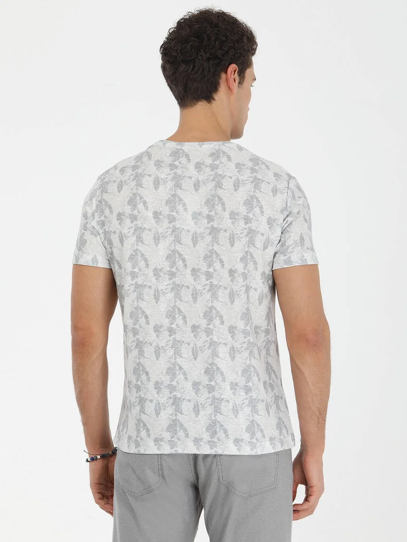 Kip Beige Printed Crew Neck Cotton Blend T-Shirt