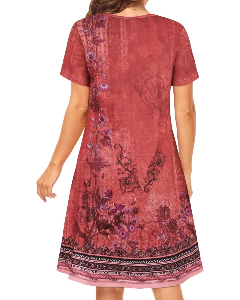 elescat Women Summer Dresses Short Sleeve Casual Beach T Shirt Loose Swing Sun Dress with Pockets (Red Boho, L) - Image 4