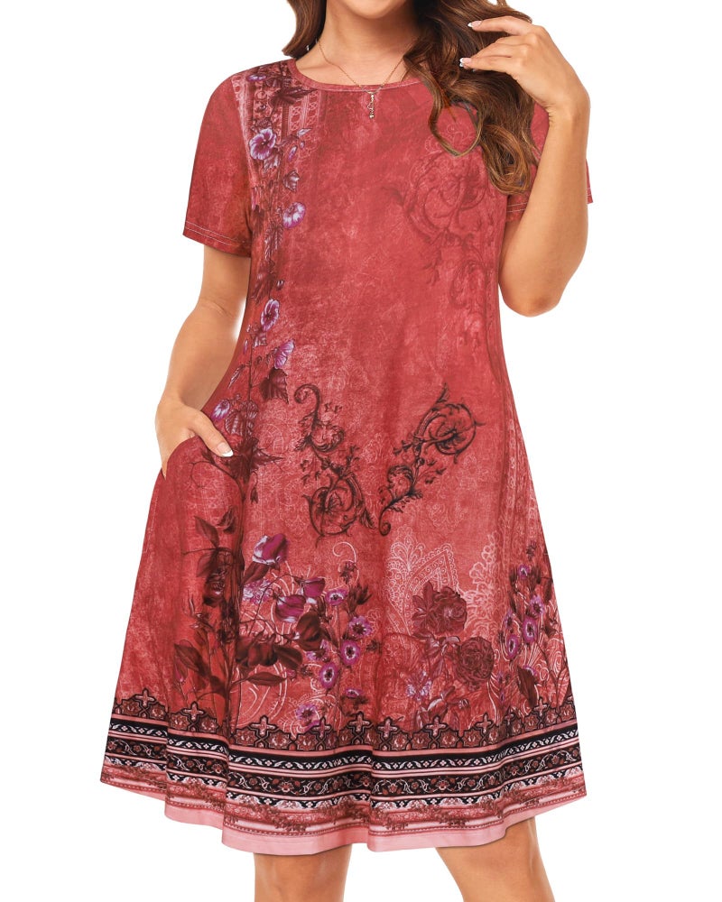 elescat Women Summer Dresses Short Sleeve Casual Beach T Shirt Loose Swing Sun Dress with Pockets (Red Boho, L) - Image 2