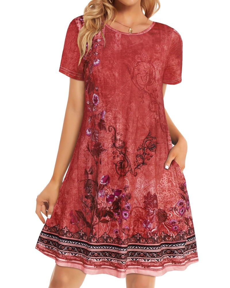 elescat Women Summer Dresses Short Sleeve Casual Beach T Shirt Loose Swing Sun Dress with Pockets (Red Boho, L) - Image 5