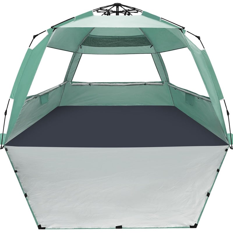 WhiteFang Deluxe XXL Pop Up Beach Tent Sun Shade Shelter for 5-6 Person, UV Protection, Extendable Floor with 3 Ventilating Windows Plus Carrying Bag, Stakes, and Guy Lines (Mint Green) - Image 1