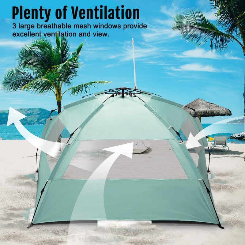 WhiteFang Deluxe XXL Pop Up Beach Tent Sun Shade Shelter for 5-6 Person, UV Protection, Extendable Floor with 3 Ventilating Windows Plus Carrying Bag, Stakes, and Guy Lines (Mint Green) - Image 4