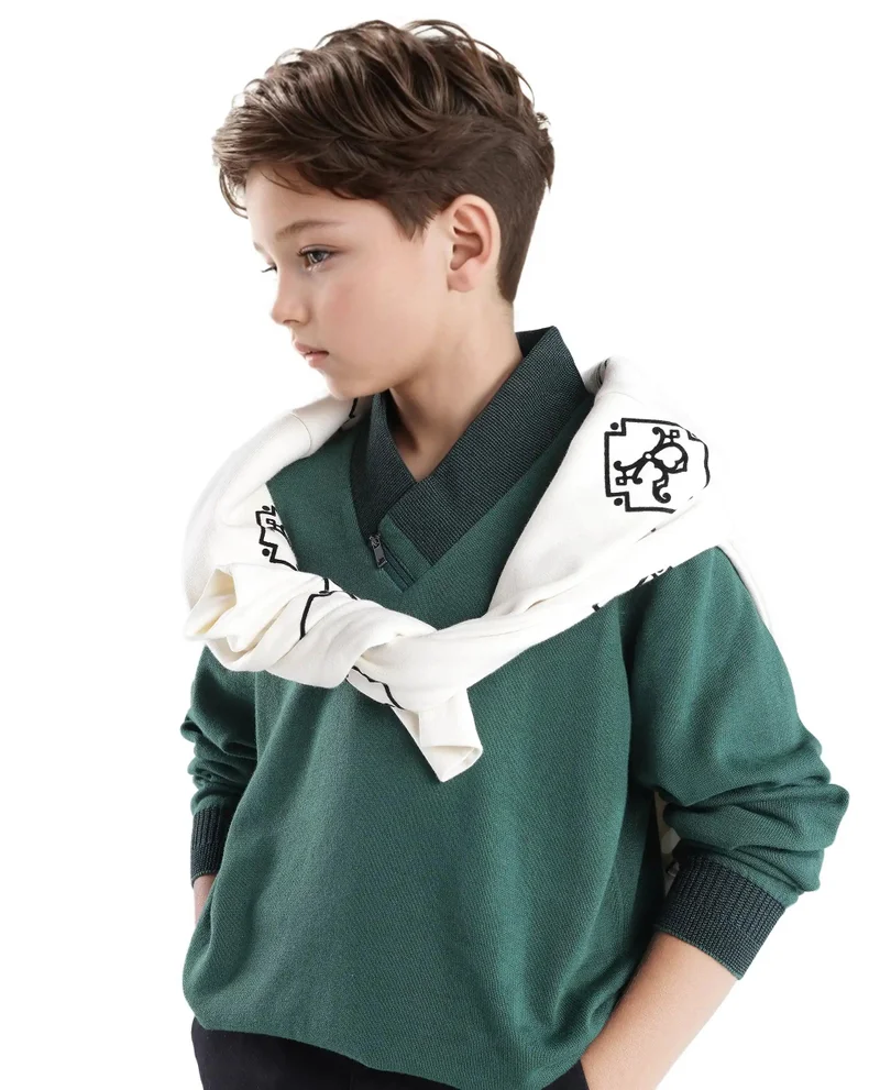 رير ونز Rare Ones Kids Denv Dark Green Full Sleeve Casual Zipper Regular Sweater