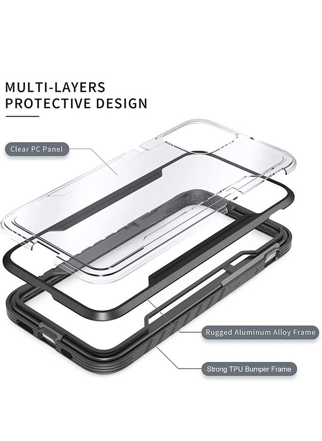 iPhone 13/14 Heavy Duty Defender Case Rugged Anti-Drop Clear Back Cover with Shockproof Hybrid Metal and TPU Bumper Fram Black