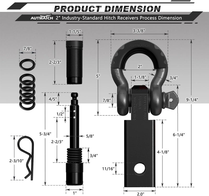 AUTMATCH Shackle Hitch Receiver 2 Inch - 3/4" D Ring Shackle and 5/8" Trailer Hitch Lock Pin, 45,000 Lbs Break Strength Heavy Duty Receiver Towing Kit for Off-Road Vehicle Recovery, Black & Gunmetal - Image 3