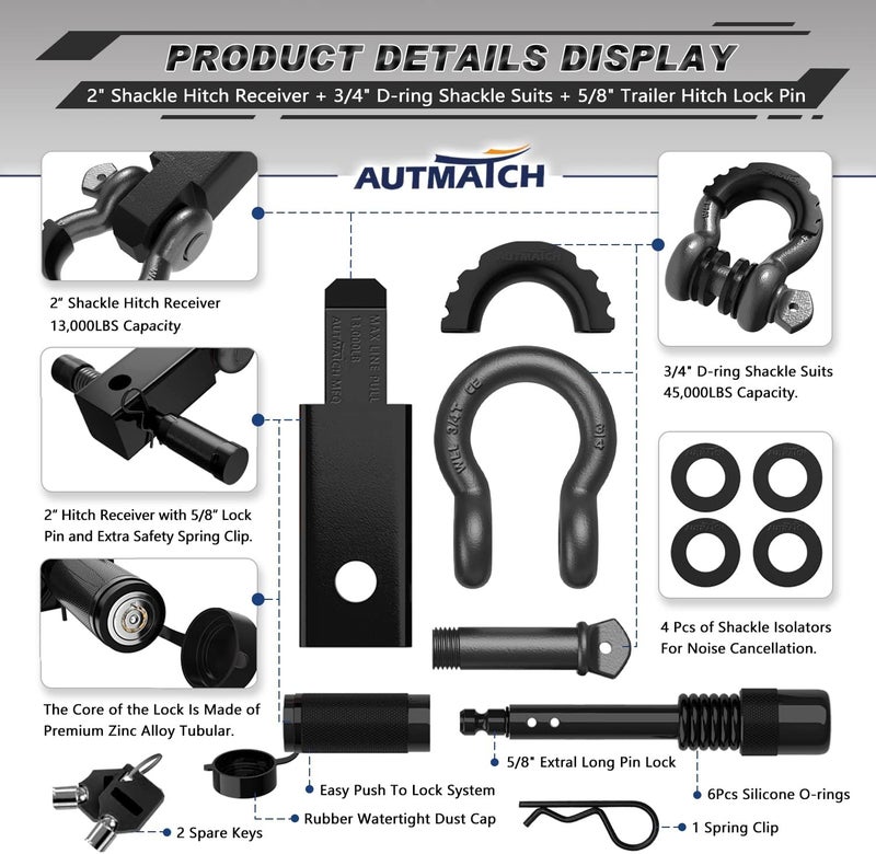 AUTMATCH Shackle Hitch Receiver 2 Inch - 3/4" D Ring Shackle and 5/8" Trailer Hitch Lock Pin, 45,000 Lbs Break Strength Heavy Duty Receiver Towing Kit for Off-Road Vehicle Recovery, Black & Gunmetal - Image 2