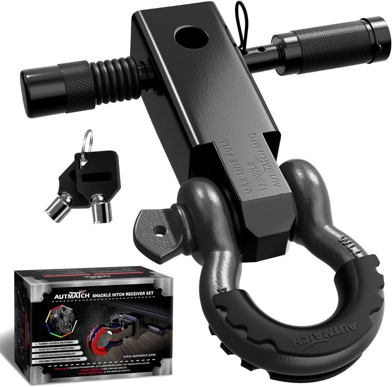 AUTMATCH Shackle Hitch Receiver 2 Inch - 3/4" D Ring Shackle and 5/8" Trailer Hitch Lock Pin, 45,000 Lbs Break Strength Heavy Duty Receiver Towing Kit for Off-Road Vehicle Recovery, Black & Gunmetal - Image 1