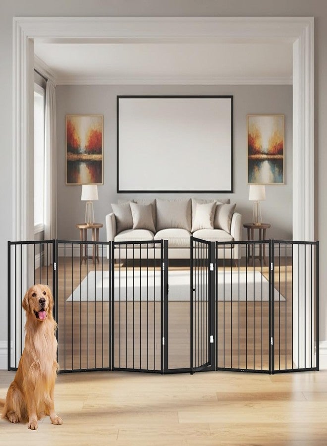 flower frail Free Standing Dog Gate with Door,120'' Extra Wide 32'' Tall Metal Dog Gates for Doorways, Foldable Pet Gate Fence Indoor & Outdoor for Stairs,Hallways,Decks,Porch,Yard (6 Panels,Black) - Image 1