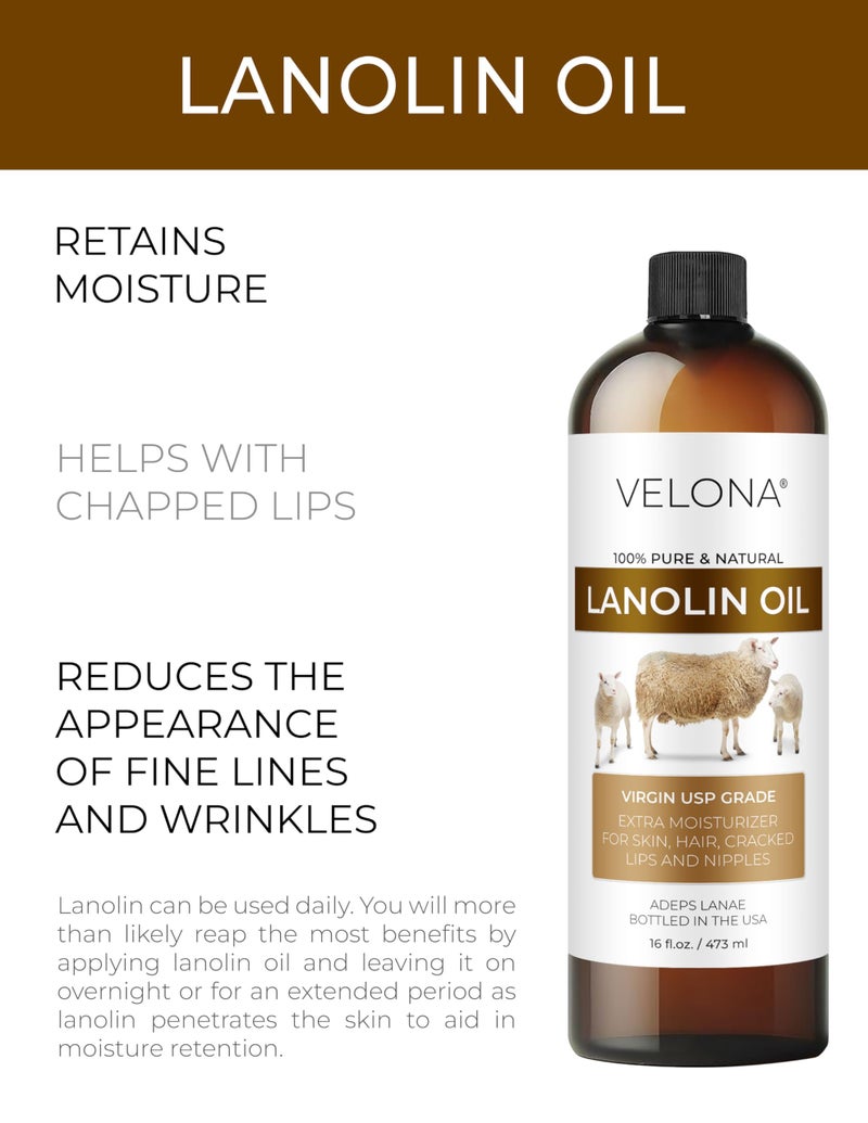 velona Lanolin Oil USP Grade 16 fl oz | 100% Pure and Natural Carrier Oil | Refined, Cold pressed | Skin, Hair, Body & Face Moisturizing | Use Today - Enjoy Results - Image 2
