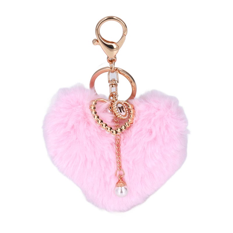 Keychain Pom Pom Heart Shaped Fluffy Soft Plush Odorless Fadeless Wide Application Zinc Alloy Durable Backpack KeychainPink - Image 1
