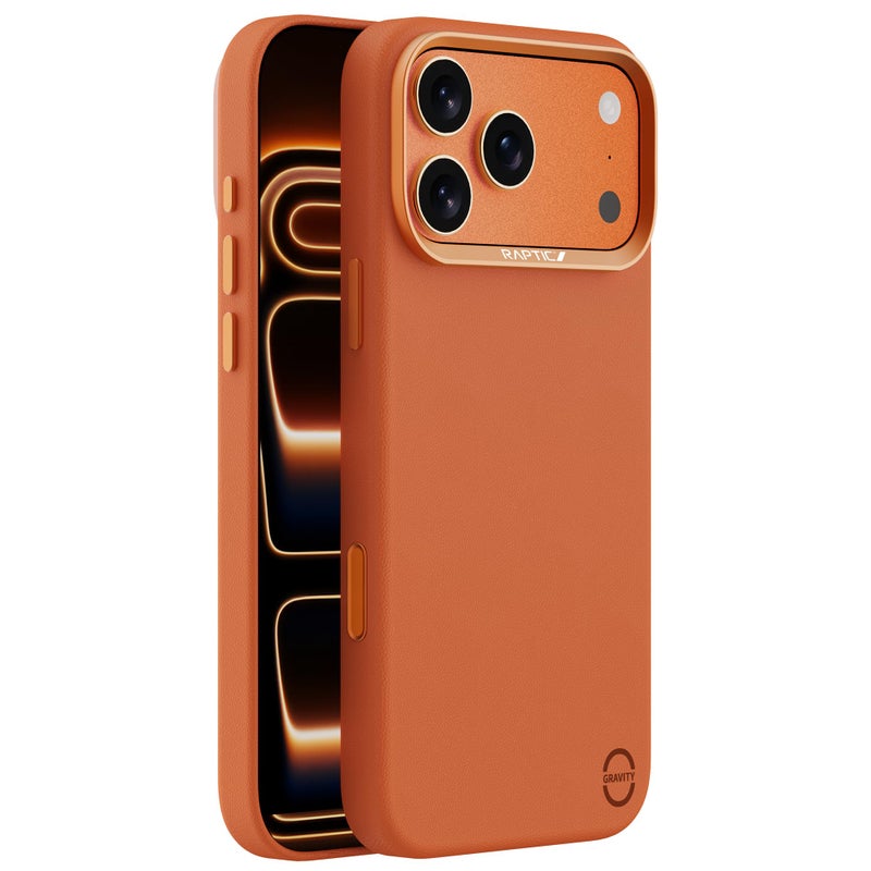 RAPTIC Urban Nano Leather Case Compatible with iPhone 17 Pro Max - Compatible with Magsafe & Wireless Charging, Aluminum Control Buttons, Dual-Layer Construction, Orange - Image 1