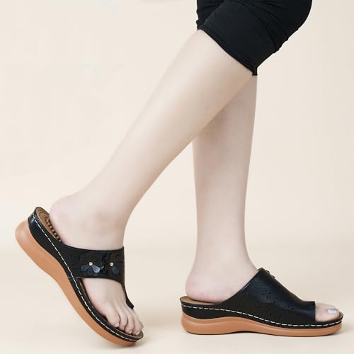 Aomigoct Sandals for Women Wedge Shoes: Double Flowers Decor Comfortable Orthopedic Sandals Womens Dressy Summer Flip Flops Casual Walking Wedges - Image 5