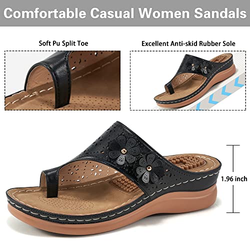 Aomigoct Sandals for Women Wedge Shoes: Double Flowers Decor Comfortable Orthopedic Sandals Womens Dressy Summer Flip Flops Casual Walking Wedges - Image 3