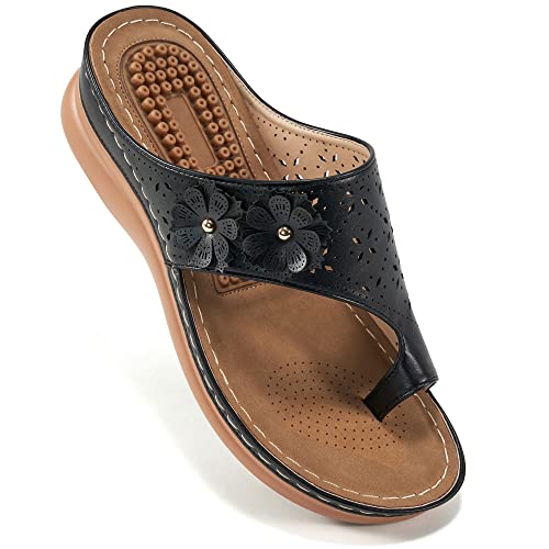 Aomigoct Sandals for Women Wedge Shoes: Double Flowers Decor Comfortable Orthopedic Sandals Womens Dressy Summer Flip Flops Casual Walking Wedges - Image 1