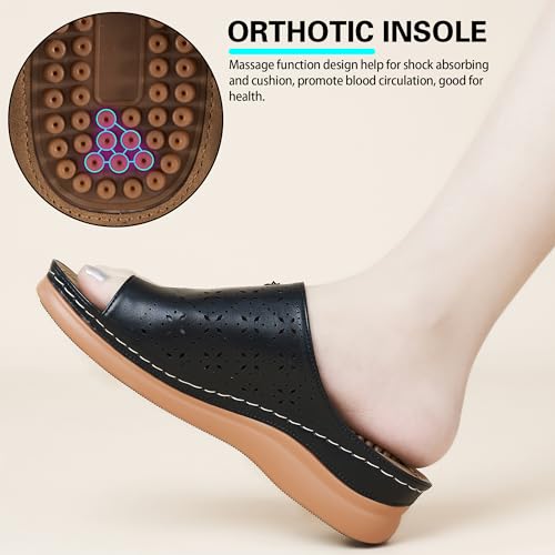 Aomigoct Sandals for Women Wedge Shoes: Double Flowers Decor Comfortable Orthopedic Sandals Womens Dressy Summer Flip Flops Casual Walking Wedges - Image 4