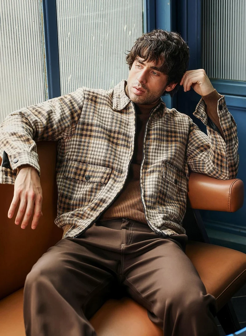 Men Zip-Front Plaid Jacket | Point Collar, Long Button Cuff Sleeves | Zipper , Ribbed-Straight Hem | Plaid Twill | Woven Fabric For Casual & Daily Wear | Khaki Beige
