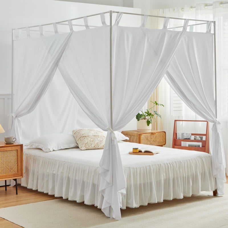 AIKASY White Canopy Bed Curtains with Top Ties and Tie Backs for Bedroom Decoration  Queen Size Bed Curtains with Windproof and Lightproof Features