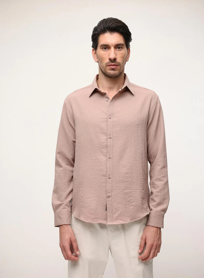 Light Brown Solid Print Button Down Relaxed Shirt For Men