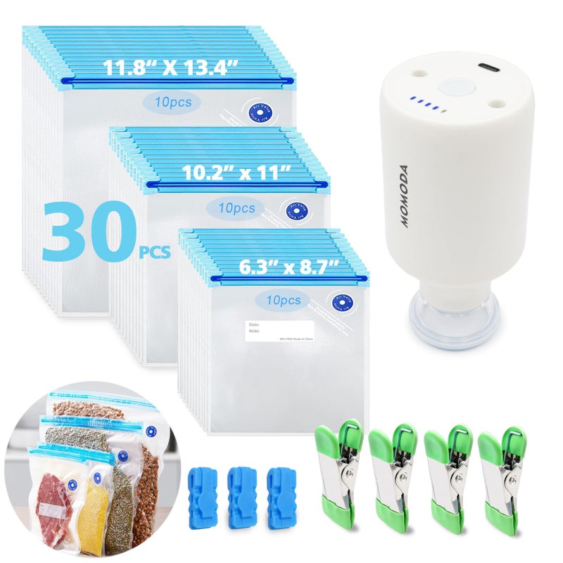 MOMODA Sous Vide Cooking Bags  Set of 30  BPAFree Reusable Vacuum Seal Bags with Air Valve for Joule and Anova Cookers  Freezer Safe Vacuum Food Storage Bags with Upgraded Electric Pump Included