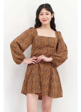 Missguided Women Petite Animal Print Long Sleeve Mini Dress, Brown  - Image 1