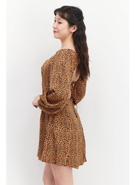 Missguided Women Petite Animal Print Long Sleeve Mini Dress, Brown  - Image 3