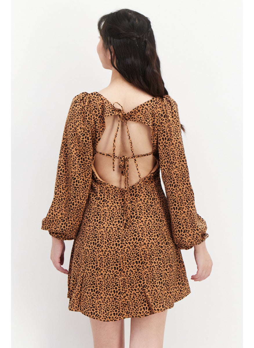 Women Petite Animal Print Long Sleeve Mini Dress, Brown - pzsku/Z925666A92105A6ADFE23Z/45/_/1734876897/96908b87-5b3f-4c7c-b090-bd55fb790b25