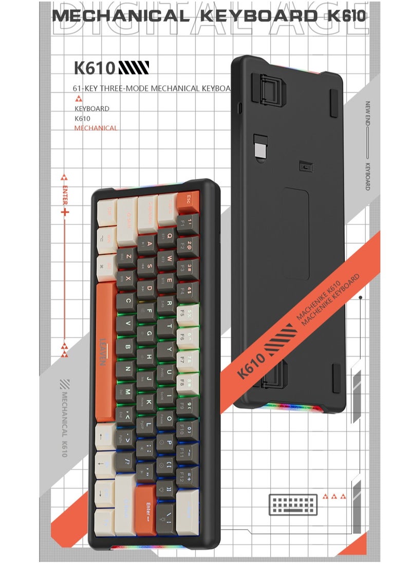 K610 2.4G لوحة مفاتيح ألعاب لاسلكية سلكية ، 61 مفتاحا لوحة مفاتيح ماشانية زرقاء مع إضاءة خلفية RGB