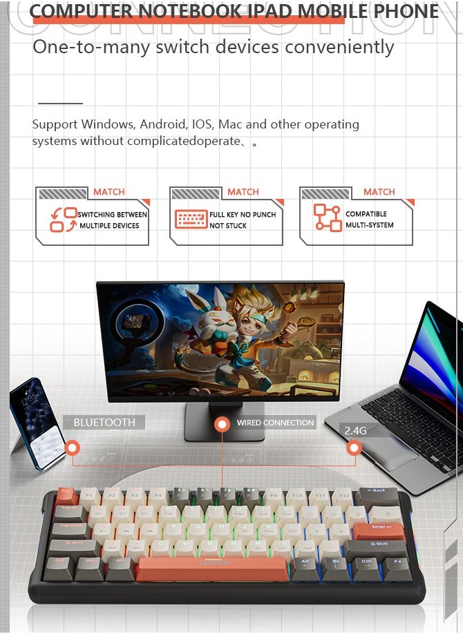 K610 2.4G لوحة مفاتيح ألعاب لاسلكية سلكية ، 61 مفتاحا لوحة مفاتيح ماشانية زرقاء مع إضاءة خلفية RGB