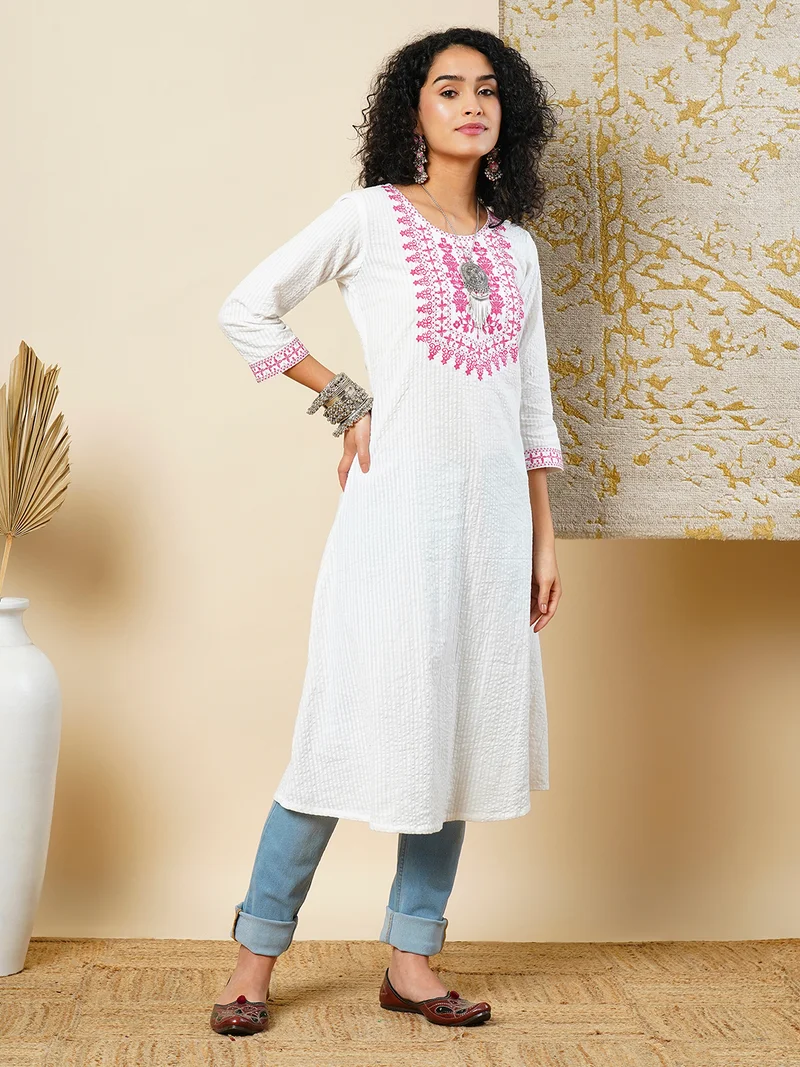 globus Women White Ethnic Motifs Self Design Round Neck Pure Cotton A-Line Kurta