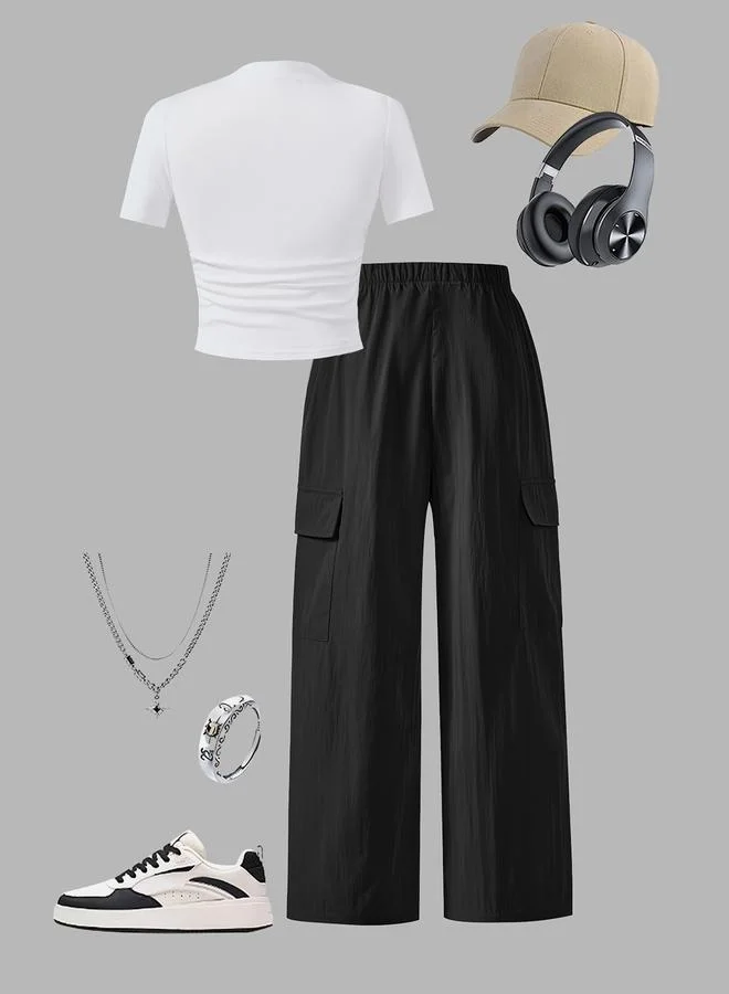 Take Two Take Two Girls Solid Ruching Detail T-Shirt and Cargo Pants Set