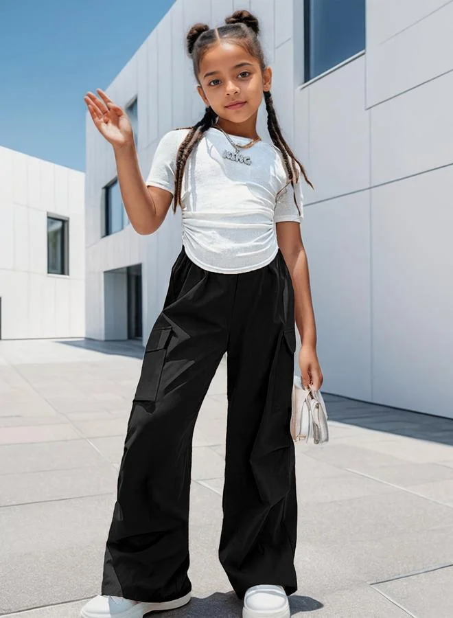 Take Two Take Two Girls Solid Ruching Detail T-Shirt and Cargo Pants Set