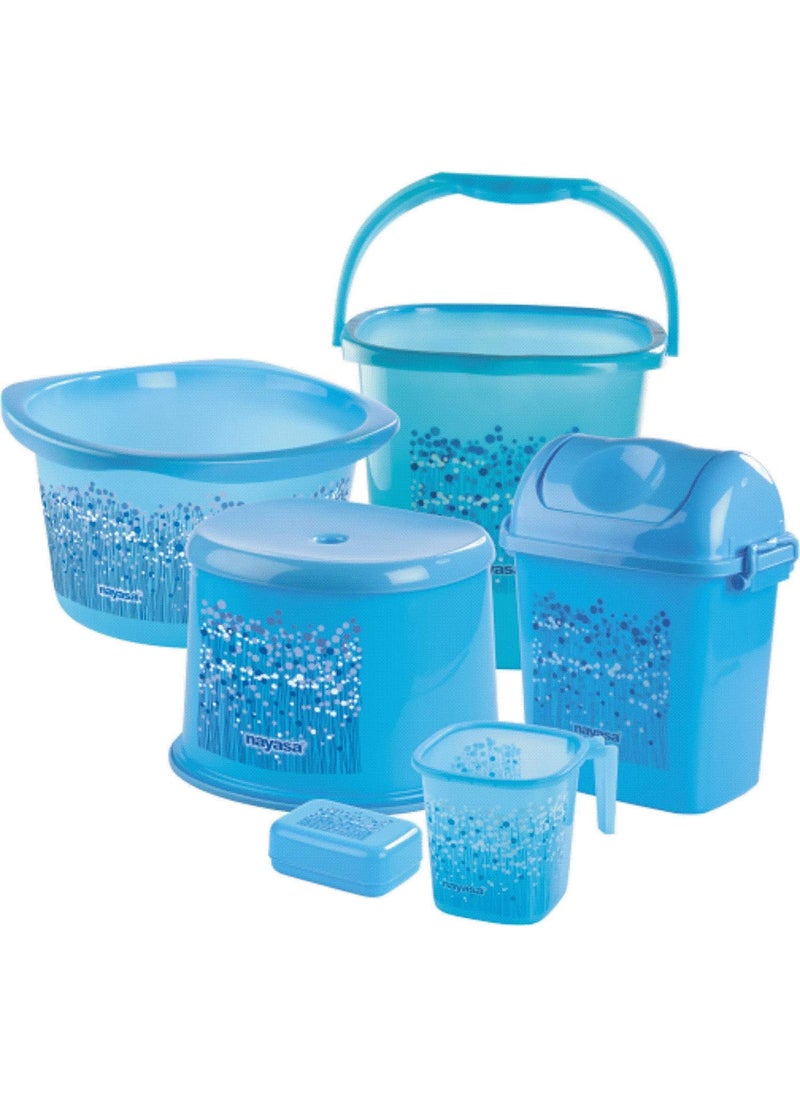 NAYASA Nayasa Bathroom Set Small DLX 6 Pcs | Bkt 25 L + Mug 1.5 L + Basin 20 L+ Dustbin 14 L + 509 Stool + Soap Case | Bathroom Accessory Set Plastic | Bathroom Set | Bath Set for Bathroom | Blue  - Image 1