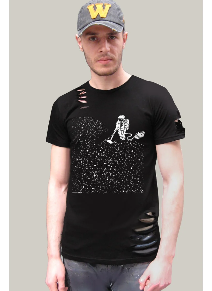 Rock&Roll Rock & Roll Astronaut with Broom Black Short Sleeve Ripped T-Shirt