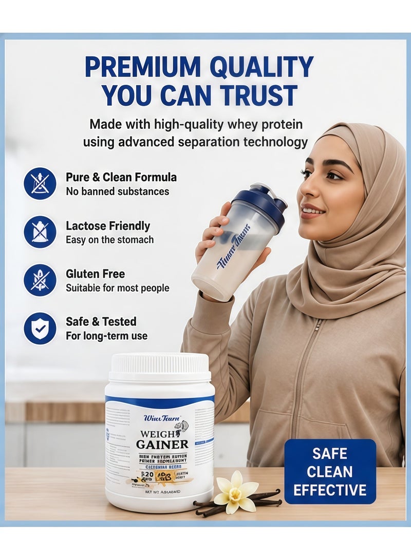 وينز تاون مسحوق مكسب الوزن من مصل اللبن من وينز تاون بنكهة الفانيليا، مكمل غذائي لزيادة الكتلة العضوية غني بالبروتين ومنخفض الدهون وعالي الكربوهيدرات، مصمم للأشخاص النحيفين لاكتساب وزن صحي وبناء العضلات، مسحوق تغذية رياضية لللياقة البدنية، الوزن الصافي 450 جرام - Image 3