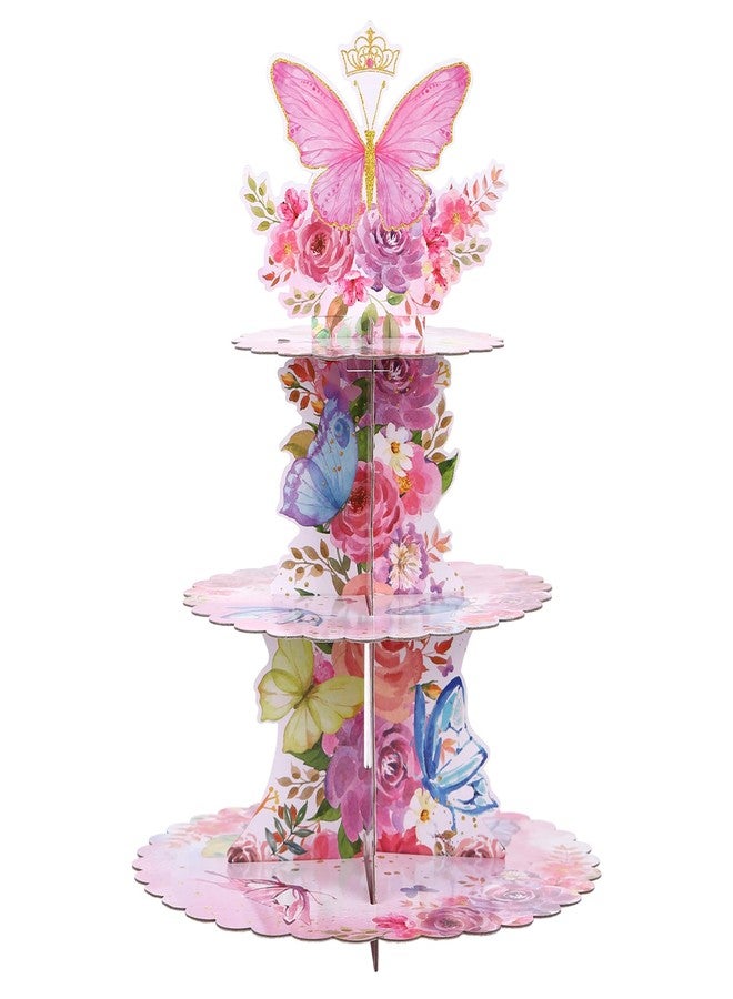 RECER 3 Tier Cupcake Stand Party Decorations Floral Princess Cupcake Holder Girls Birthday Supplies (Butterfly) - Image 1