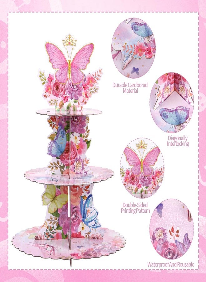 RECER 3 Tier Cupcake Stand Party Decorations Floral Princess Cupcake Holder Girls Birthday Supplies (Butterfly) - Image 3