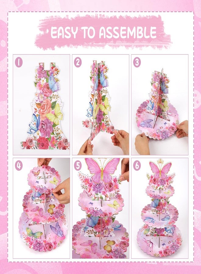RECER 3 Tier Cupcake Stand Party Decorations Floral Princess Cupcake Holder Girls Birthday Supplies (Butterfly) - Image 4