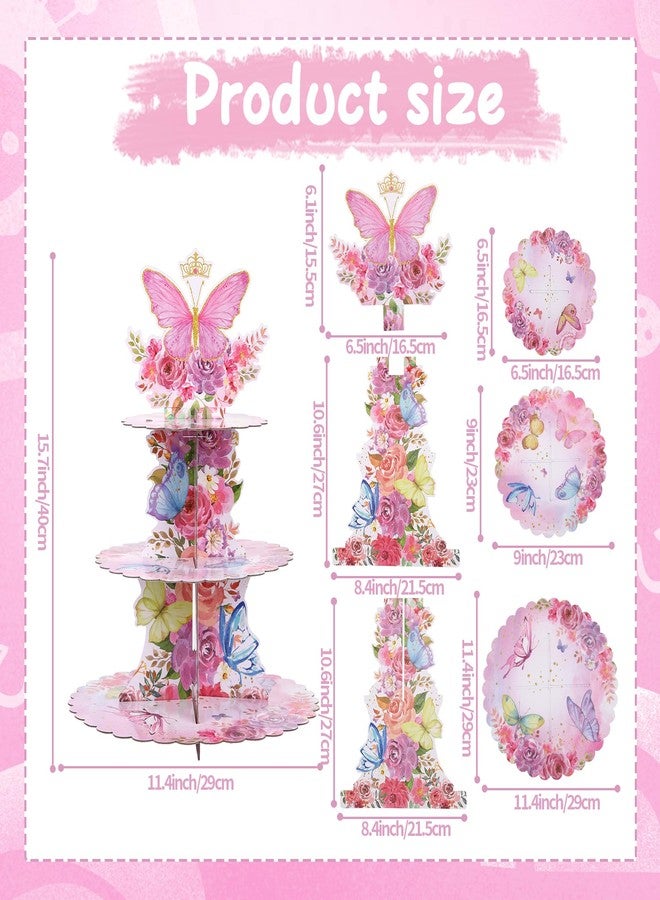 RECER 3 Tier Cupcake Stand Party Decorations Floral Princess Cupcake Holder Girls Birthday Supplies (Butterfly) - Image 2