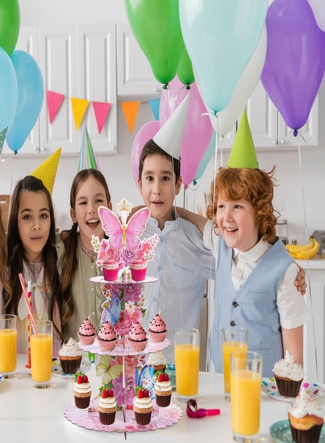 RECER 3 Tier Cupcake Stand Party Decorations Floral Princess Cupcake Holder Girls Birthday Supplies (Butterfly) - Image 5