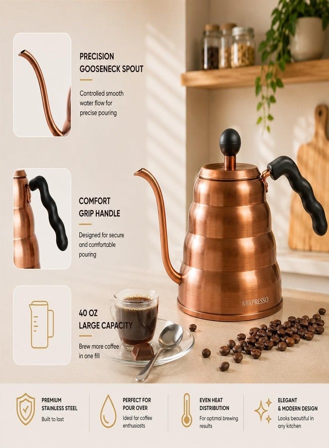 غلاية قهوة Mixpresso ذات عنق الإوزة، بتصميم تحكم احترافي في صب القهوة والشاي، مصنوعة من الفولاذ المقاوم للصدأ عالي الجودة، سعة 1.2 لتر (40 أونصة)، موقد حثي، غلاية نحاسية للموقد - Image 2