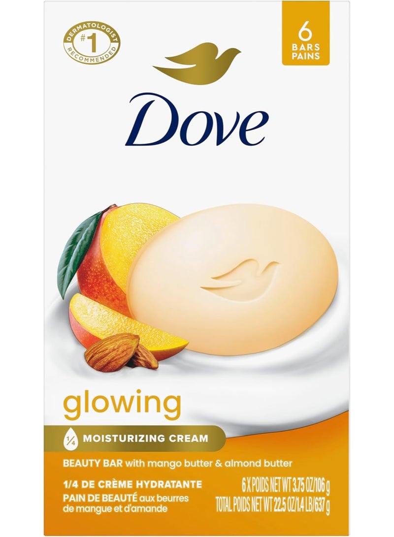 Dove Beauty Bar Gentle Skin Cleanser Moisturizing for Gentle Soft Skin Care Glowing Mango Butter and Almond Butter More Moisturizing Than Bar Soap 3. 75 oz 6 Bars(Pack of 1)