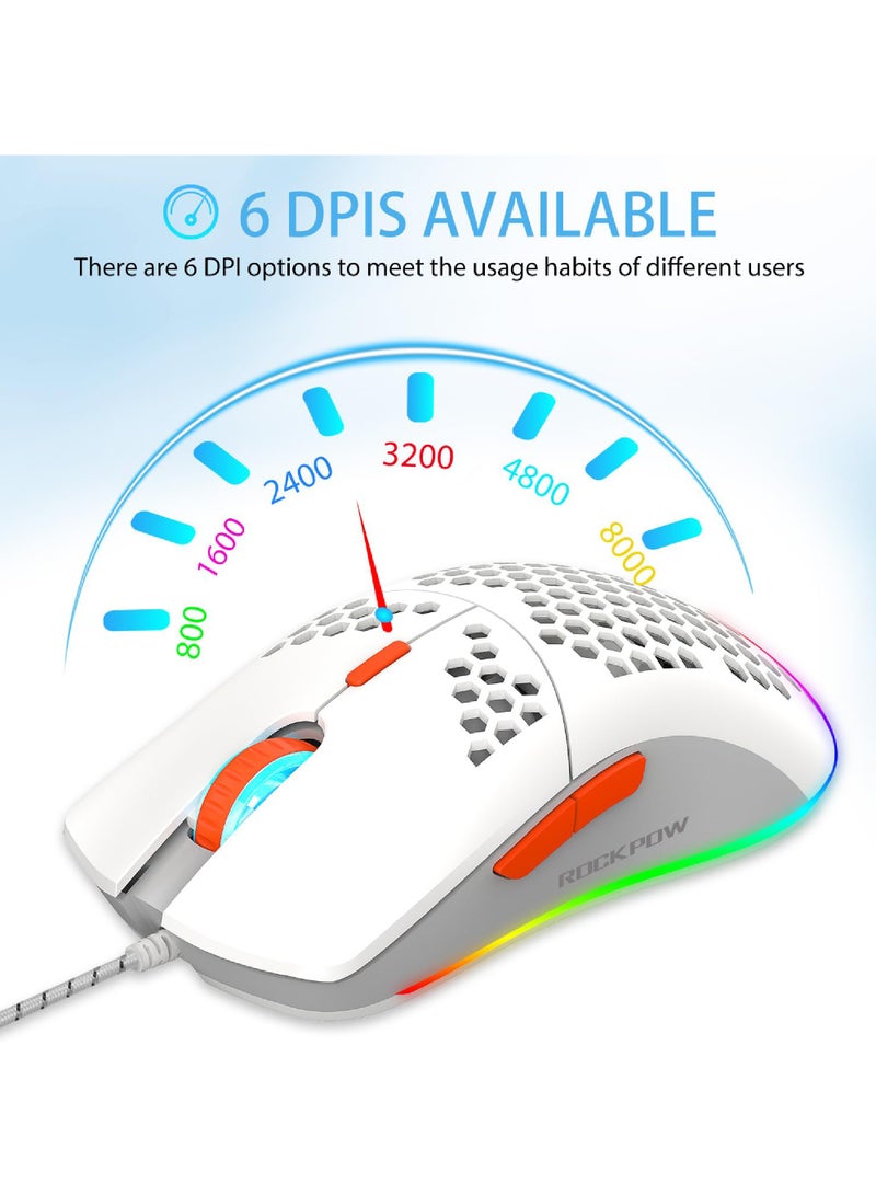 Rock Pow ROCK POW Honeycomb Gaming Mouse Ultralight High-Precision 8000 DPI Optical Sensor 6 Programmable Buttons RGB Ergonomic Wired RGB Gaming Mice for Mac Laptop Computer PC - Image 3