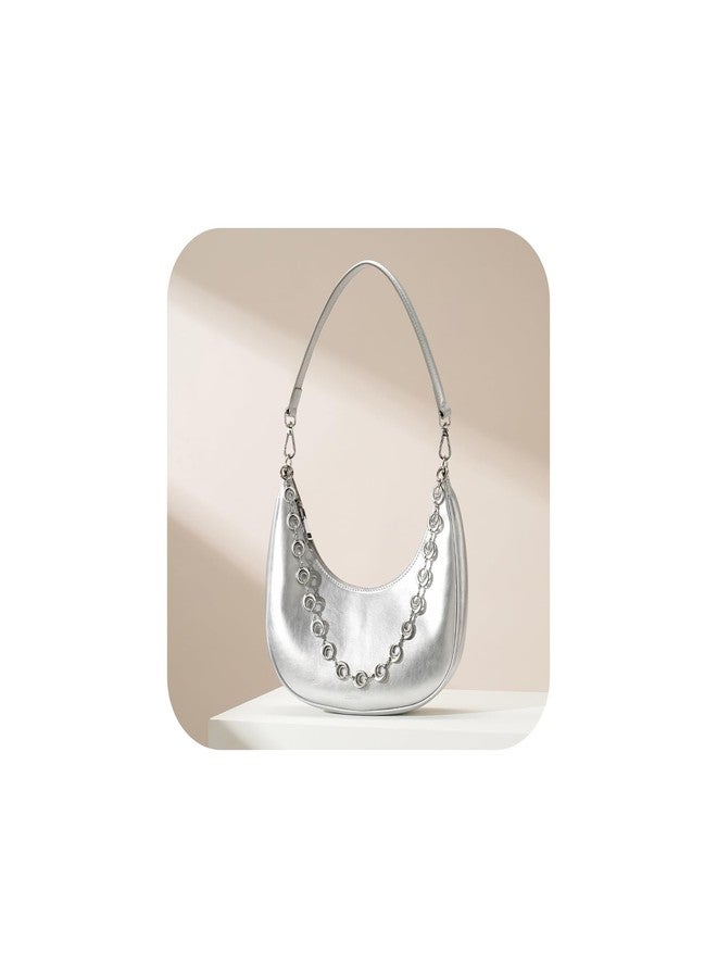 CHUNLI Small Shoulder Bag for Women, PU Leather Crescent Hobo Purses with Silver Chain, Women's Work Casual Evening Handbag, Silver - Image 1