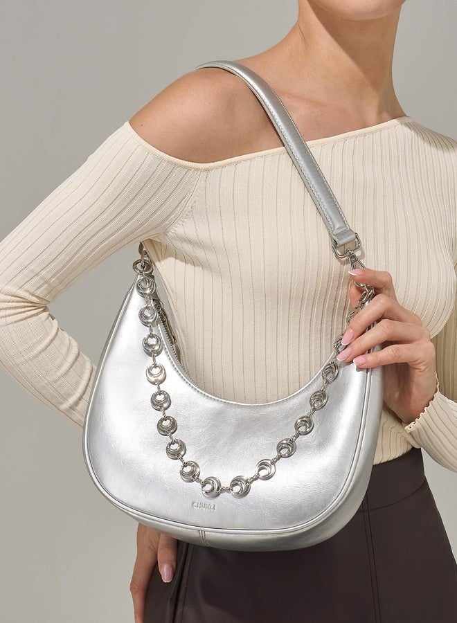 CHUNLI Small Shoulder Bag for Women, PU Leather Crescent Hobo Purses with Silver Chain, Women's Work Casual Evening Handbag, Silver - Image 2