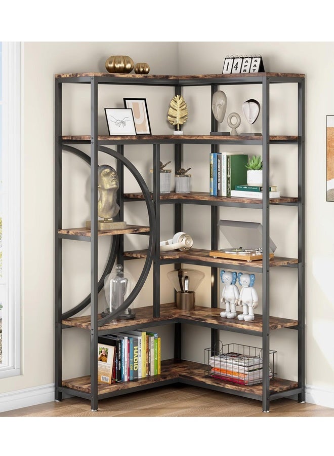 إن كي أكس رفوف كتب زاوية على شكل حرف L، 6 رفوف كتب بإطار معدني لغرفة المعيشة والمكتب المنزلي، لون بني - Image 1